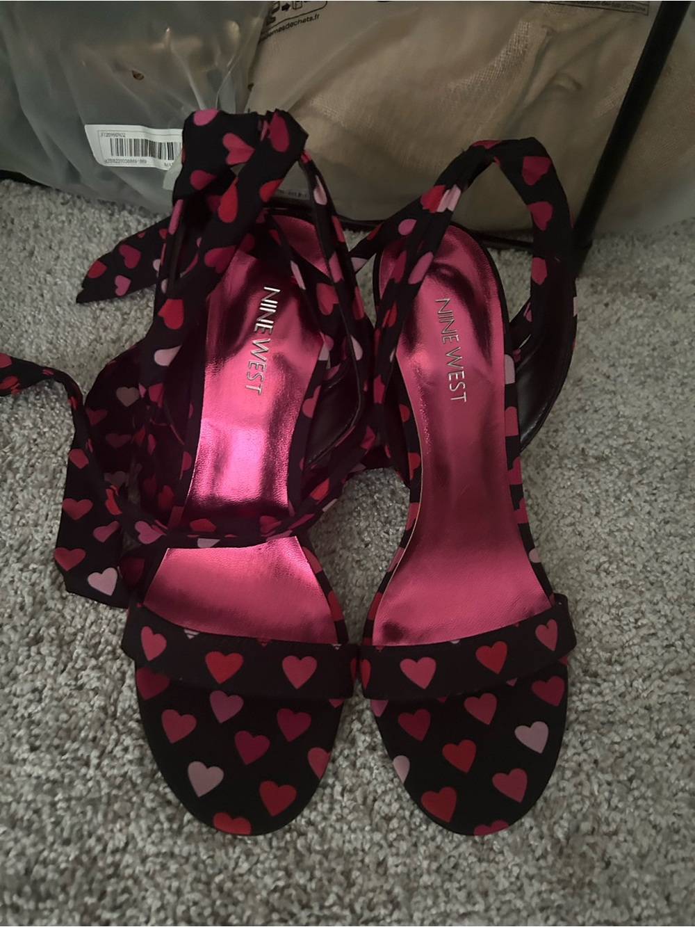 Nine West Black Heart-Print Ankle Tie Heels with Pink Metallic Insole